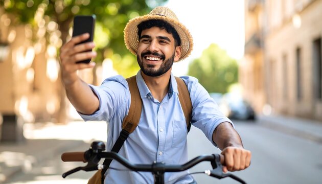 Man taking selfie on bicycle