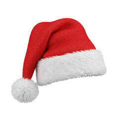 Vibrant red santa claus hat with plush white faux fur brim and fluffy white pompom, isolated on a plain white background with bright studio lighting and no shadows, concept for product advertising