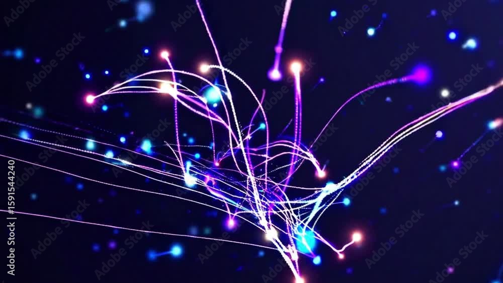 Poster abstract neon lights forming an intricate, futuristic pattern with glowing spheres and dynamic lines