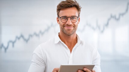 Confident Professional with Tablet: A modern business professional, adorned with spectacles, radiates confidence, holding a tablet, against a subtle backdrop of financial growth charts.
