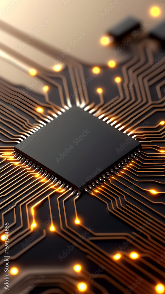 Poster close-up view of a circuit board with a central microprocessor. illuminated copper traces radiate ou