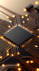 Close-up view of a circuit board with a central microprocessor.  Illuminated copper traces radiate outwards from the chip
