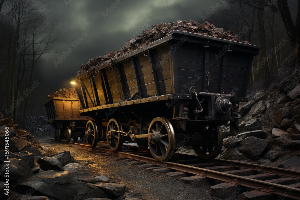 Poster two old mining carts transporting coal on rails at night in a dramatic and evocative scene