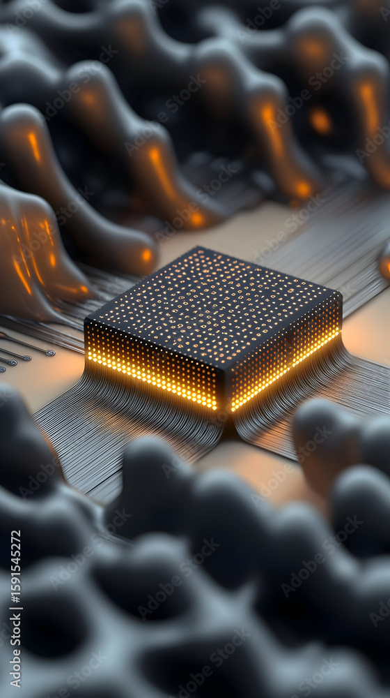 Poster close-up of a microchip embedded in a circuit board, highlighted with glowing light. dark, organic-l