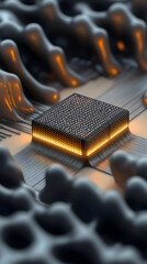 Close-up of a microchip embedded in a circuit board, highlighted with glowing light.  Dark, organic-looking substance surrounds the chip