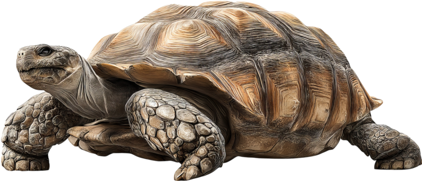 Full‑body high‑resolution tortoise isolated on transparent background PNG cutout ideal for wildlife education, nature‑themed graphic design, reptile identification, and conservation infographic