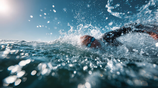 A professional triathlete swims freestyle in open ocean waters while wearing a wetsuit, highlighting strength and technique