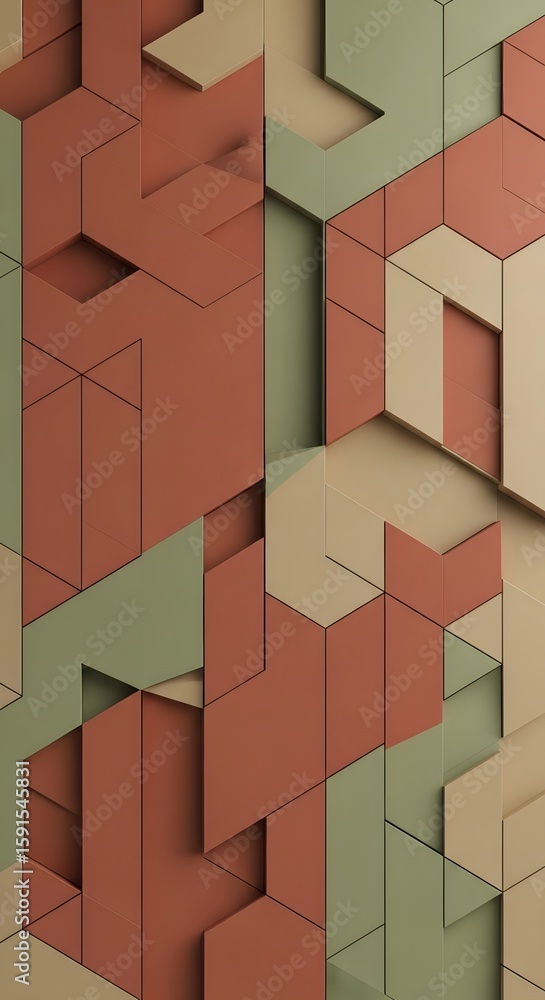Poster abstract geometric pattern of interlocking hexagonal and triangular shapes in muted earth tones