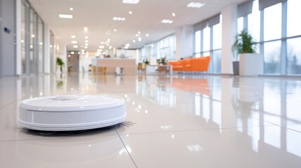 Robot Vacuum Cleaning: A modern, automated robot vacuum cleans a spacious office floor, seamlessly blending into the bright and contemporary workspace.