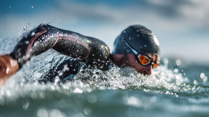 A professional triathlete swims freestyle in open ocean waters while wearing a wetsuit, highlighting strength and technique
