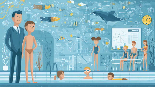 A promotional vector graphic for children’s swim lessons featuring concepts of training, coaching, and aquatic education