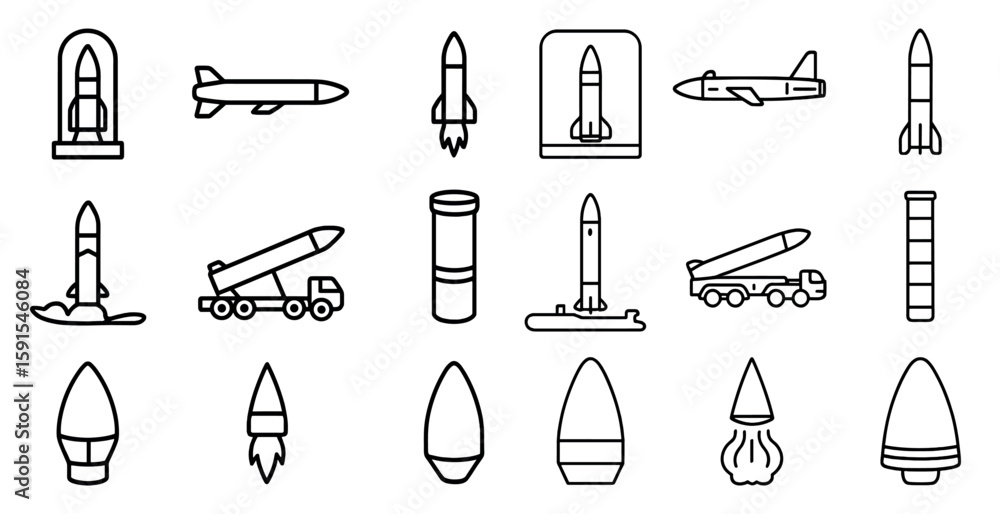 Poster collection of various types of rockets and missiles. the rockets are all in different sizes and shap
