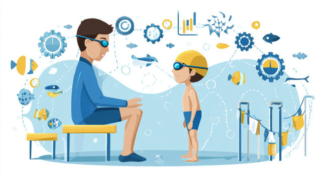 A promotional vector graphic for children’s swim lessons featuring concepts of training, coaching, and aquatic education