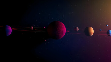 Colorful planets in a dark cosmic expanse, orbiting each other in a row.  Various sized planets, some with rings, scattered across space with stars