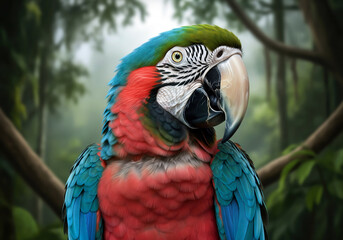 Fototapeta premium Macaw parrot perched on a branch, showing its vibrant feathers and large beak in a dense tropical rainforest.