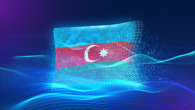 Azerbaijan A futuristic digital background merging with a national flag symbol, representing the concept of technology, innovation, and digital transformation while preserving cultural identity.