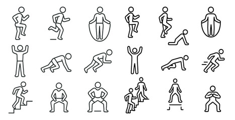 Series of fitness icons depicting various exercises such as jumping jacks, pushups, and lunges