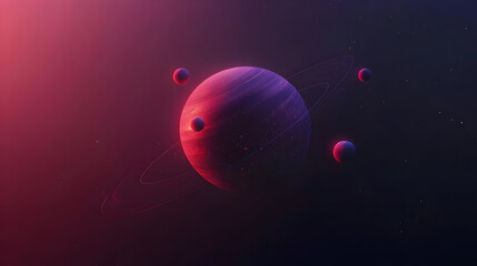 Cosmic scene of a vibrant planet with rings and orbiting moons in a deep space