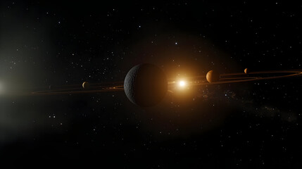 Celestial bodies orbiting a star in deep space.  Rings and other planets visible