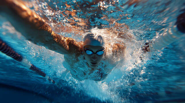 A skilled female swimmer dives into a tournament pool, captured in an underwater wide-angle shot showcasing grace and power
