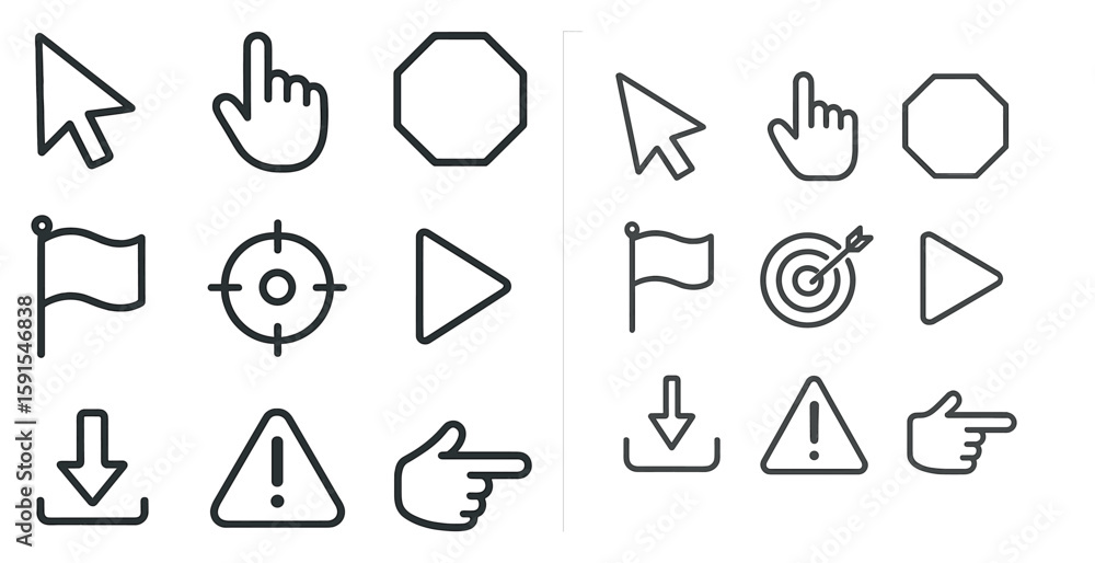 Fototapete Set of icons for a computer program. The icons include a flag, a star, a triangle, a square, a circle, a cross, a point, a down arrow, and a hand pointing down