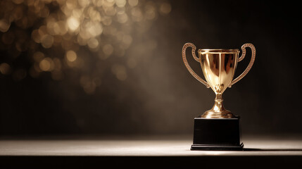 Glowing Gold Trophy on Velvet Podium with Dramatic Spotlight and Subtle Bokeh
