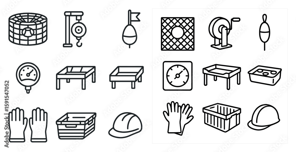Poster collection of various items, including a clock, a scale, and a bucket. the items are all drawn in a 