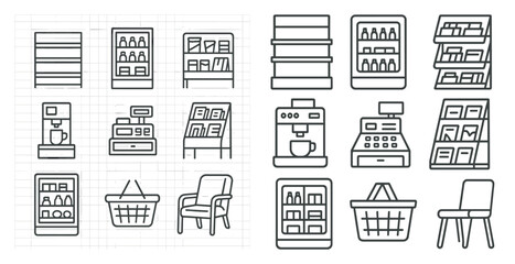 Variety of store items, including a chair, a coffee maker, a cash register, and a shopping cart. The items are all drawn in a simple, stylized way, with a focus on their basic shapes and forms