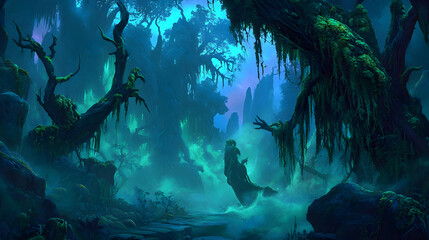 Lush, mystical forest shrouded in a deep teal glow.  Ancient, moss-covered trees and rocks dominate the scene, hinting at an otherworldly place