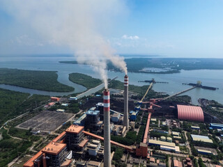 Close-Up Aerial View of Smoking Chimney at Coal Power Plant