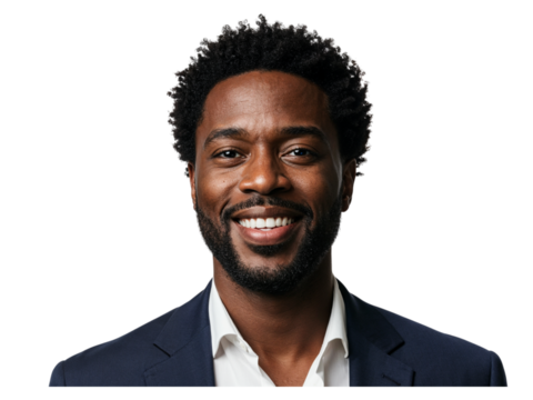 Smiling black man wearing a dark blue suit jacket and white shirt isolated on transparent background