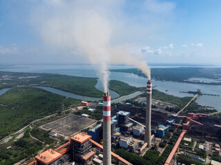 Close-Up Aerial View of Smoking Chimney at Coal Power Plant