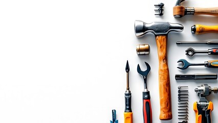 A collection of essential hand tools such as wrench, pliers, hammer, screwdriver, and clamp arranged on a white background. Ideal for repair, DIY, construction, or engineering themes