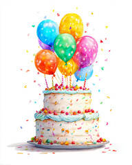 Colorful Watercolor Birthday Cake with Bright Balloons and Confetti