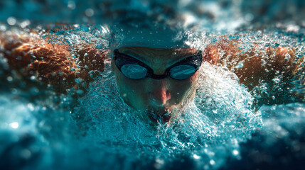 A swimmer with goggles glides through the pool in freestyle, symbolizing high-level competition and athletic focus