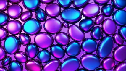 Colorful abstract artwork with shiny violet and blue oval pebbles arranged in a honeycomb structure, featuring metallic gradients, glossy 3D textures, and soft shimmering light in a futuristic digital