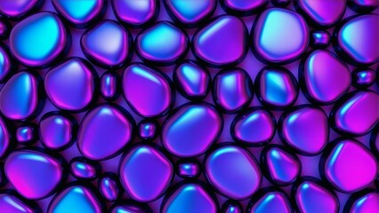 Colorful abstract artwork with shiny violet and blue oval pebbles arranged in a honeycomb structure, featuring metallic gradients, glossy 3D textures, and soft shimmering light in a futuristic digital