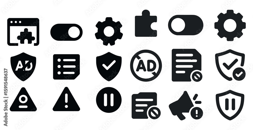 Poster set of icons for a computer program. the icons include a check mark, a shield, a gear, and a piece o