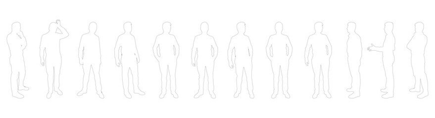 Contours of standing businessman in different poses. Set. Vector illustration