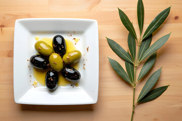 Black and green olives in oil and spices are placed on a white square plate next to a branch of olive trees.