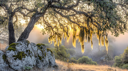 Sunlight filters through ancient oak branches draped in morning mist, illuminating a rocky hillside