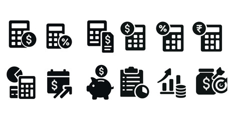 Set of black and white icons for financial calculations. The icons include a calculator, a piggy bank, a checkbook, a calendar, and a graph
