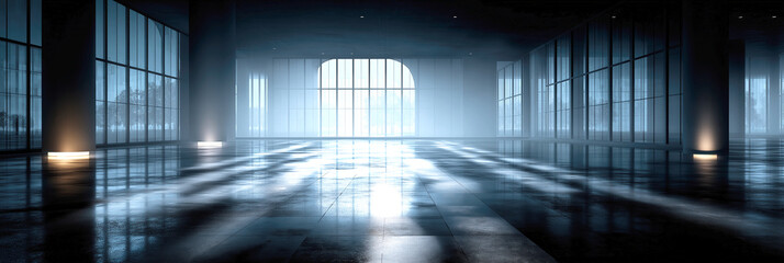 Brightly lit hallway, modern architectural space with soft blue tones, inviting atmosphere perfect for creative ideas and collaboration.