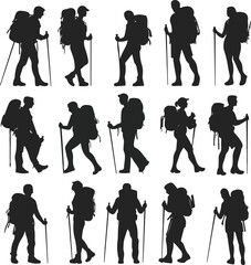Obraz premium Silhouette collection of hikers with backpacks and trekking poles on white background