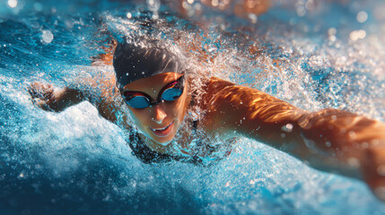 A woman swims the front crawl in an outdoor pool, emphasizing fitness, proper form, and an active lifestyle