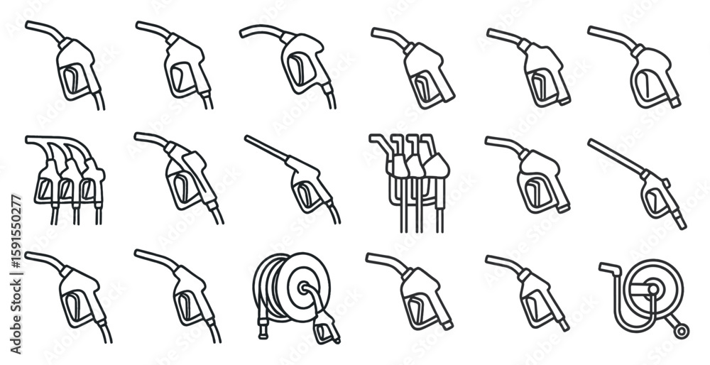 Poster collection of gas pumps with different nozzles. some of the nozzles are labeled with the word 