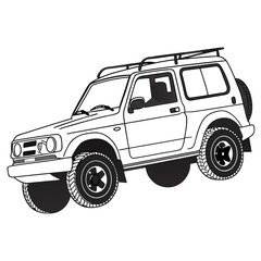 White compact off road vehicle with roof rack and spare tire four wheel drive