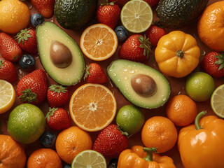 Fresh vegetables and fruits in water. Background, wallpaper