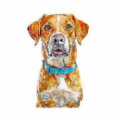 Watercolor Style Portrait of Cute Brown Dog with Blue Collar Illustration