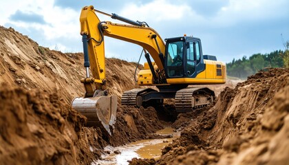 Excavator digs trench in sandy terrain